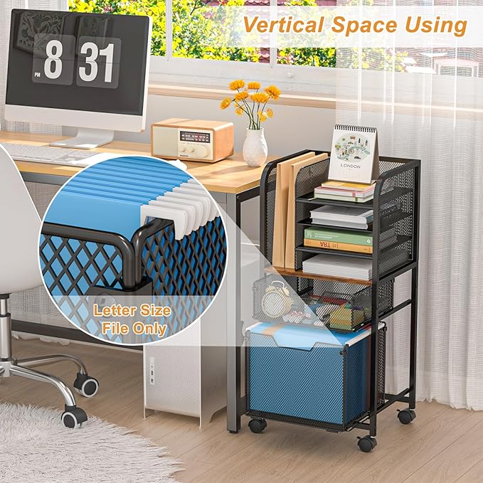 6-Tier Rolling File Cart with 2 Drawers, File Cabinet Organizer - Image 4