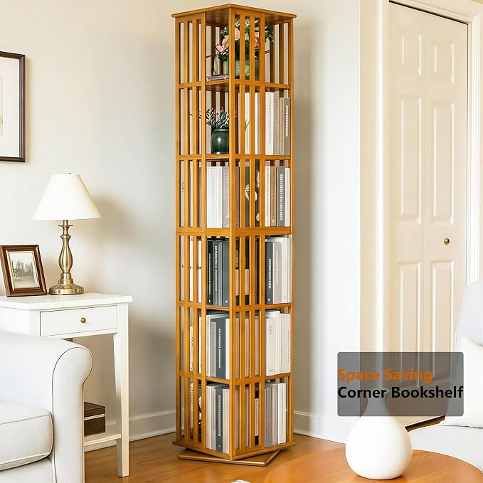 Lauxery 6-Tier Bamboo Rotating Bookshelf Tower, 74.8 in | Easy Assembly - Image 9