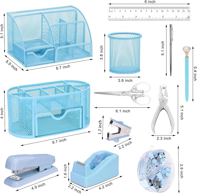 17 in 1 Blue Desk Organizers and Accessories Set, 3 Office Desk Supplies - Image 2