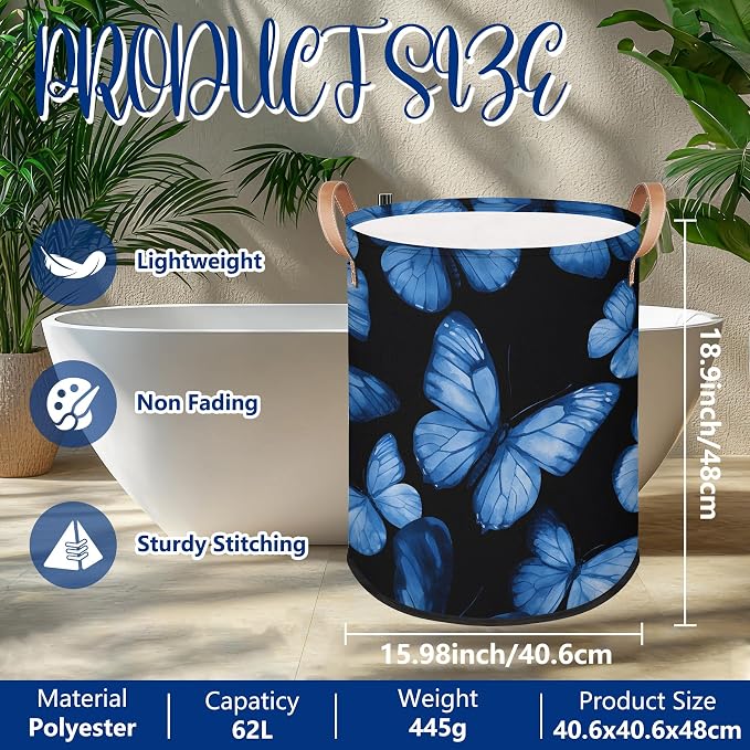 Foldable Laundry Hamper with Elegant Blue Butterfly Pattern - Image 2