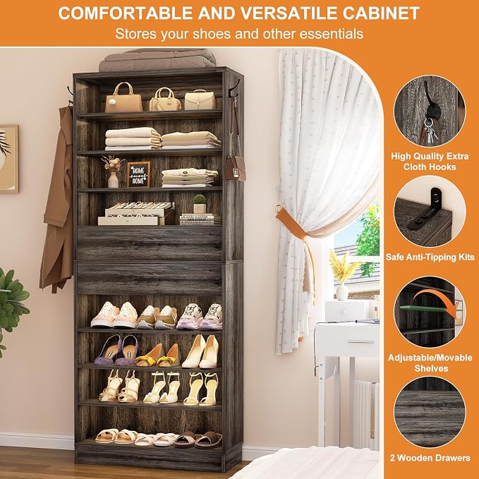 Aheaplus Tall Shoe Cabinet, 10 Tiers Wood Shoe Rack, Vertical Shoe Storage - Image 4