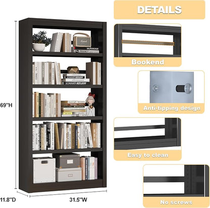 5 Tier Metal Bookshelf, Industrial Open Bookcases - Image 2