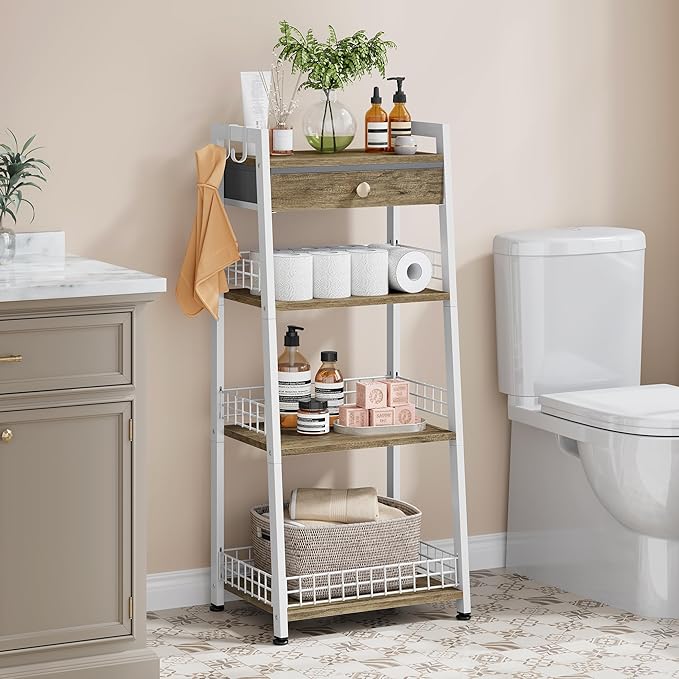 4-Tier Ladder Shelf with Drawer, Bathroom Stand Floor Storage Shelf, - Image 2