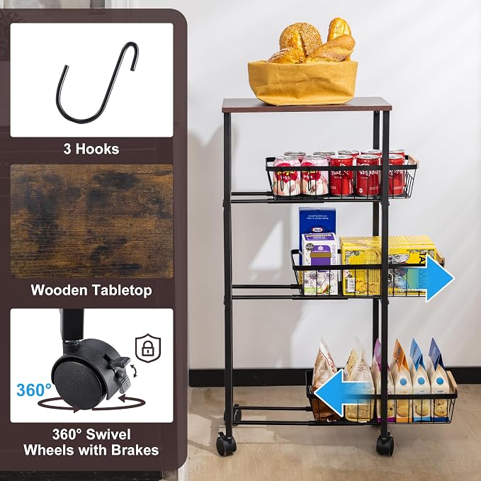 Narrow Rolling Cart with Wheels, 4-Tier Slim Metal Storage Cart with Pull-Out - Image 5