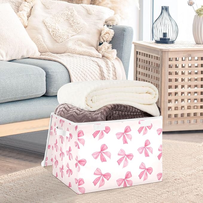 Pink Bow Storage Bins with Lids and Carrying Handle, Foldable Storage Boxes - Image 5