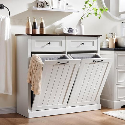 Double Tilt Out Trash Cabinet, 20 Gallon Farmhouse Laundry Hamper Cabinet - Image 6