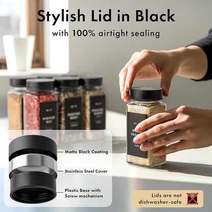 EDELHAUS Glass Spice Jars with Label, Seasoning Set, 36x Black Steel Lids | - Image 6
