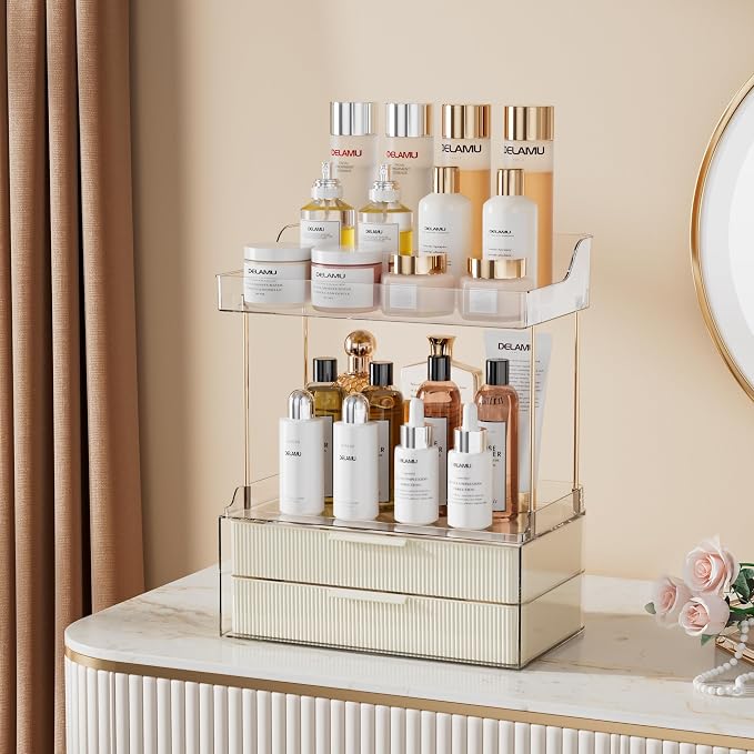 Delamu Bathroom Organizers and Storage, 2 Tier 2 Drawer Makeup Organizer - Image 3