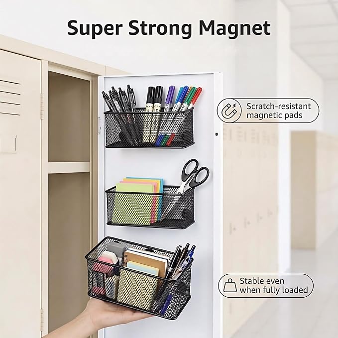 Neudeco Magnetic Locker Organizer, Wire Mesh Storage Baskets, Magnetic Pencil - Image 2