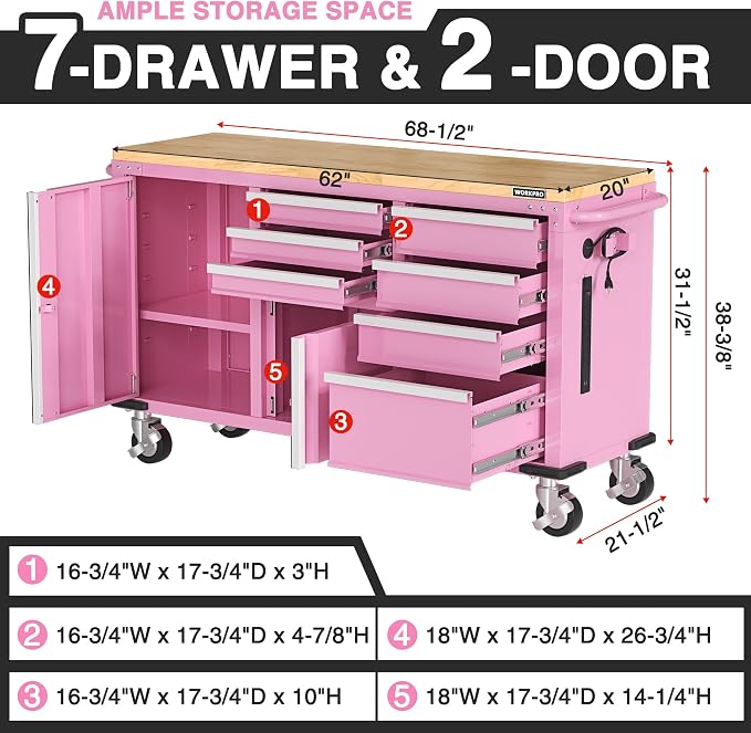WORKPRO 62" x 20" 7-Drawer & 2-Door Rolling Tool Chest, Mobile Tool Storage - Image 2