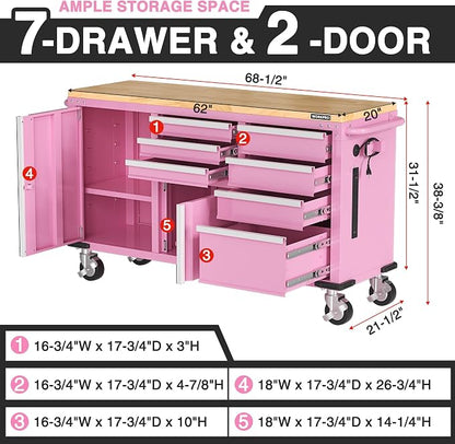 WORKPRO 62" x 20" 7-Drawer & 2-Door Rolling Tool Chest, Mobile Tool Storage - Image 2
