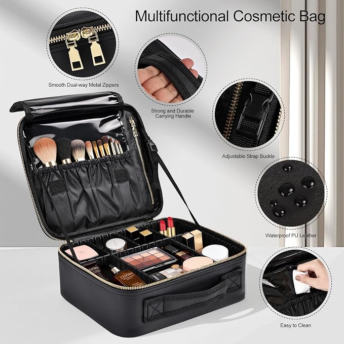 Travel Makeup Bag with Brush Holder, Professional Cosmetic Train Case Organizer - Image 3