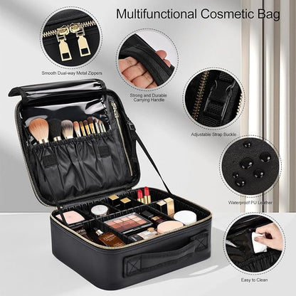 Travel Makeup Bag with Brush Holder, Professional Cosmetic Train Case Organizer - Image 3