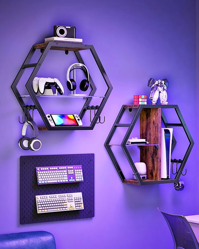 Hexagon Floating Shelves Set of 2, Glass Hanging Shelves - Image 3