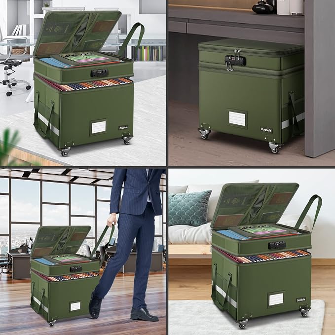 DocSafe File Box with Lock, 2-Layer Fireproof Document Box with Wheels - Image 3