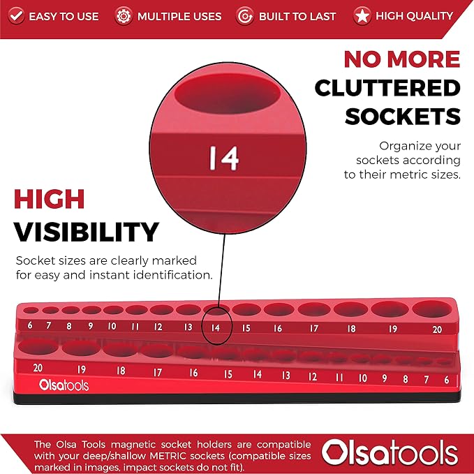 Olsa Tools Magnetic Socket Holder | 3/8-inch Drive | Metric | Red | Holds 30 - Image 2