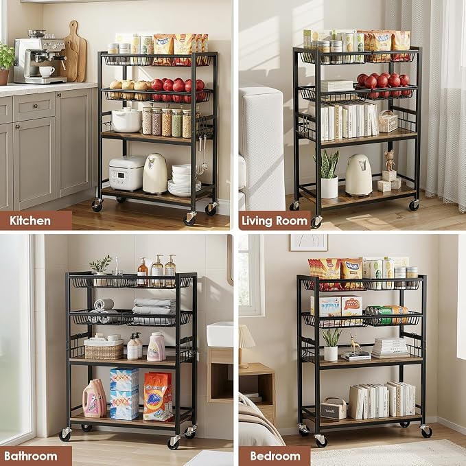 Kitchen Storage Cart, 4 Tier Utility Rolling Snack Cart, Fruit & Vegetables - Image 8