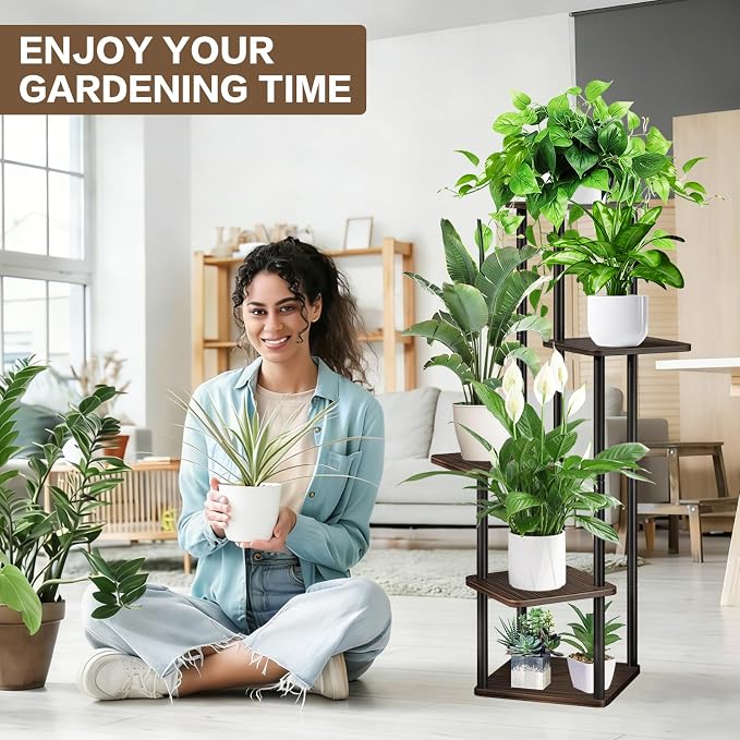 5 Tier Plant Stand Indoor, Thickened Metal Wood Corner Plant Shelf Stands - Image 5