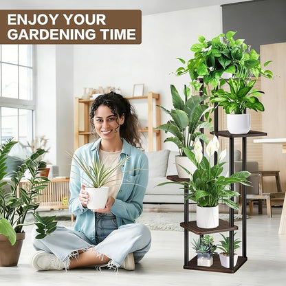 5 Tier Plant Stand Indoor, Thickened Metal Wood Corner Plant Shelf Stands - Image 5