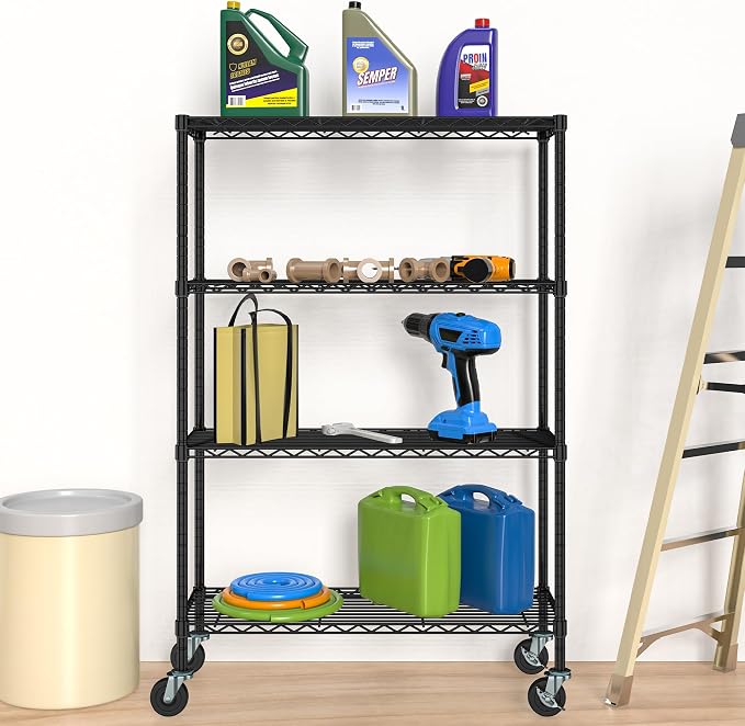 4 Tier Wire Metal Shelving Rack Garage Storage Rolling Shelves - Image 7