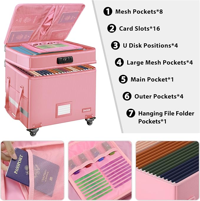 DocSafe File Box with Lock, 2-Layer Fireproof Document Box with Wheels - Image 2