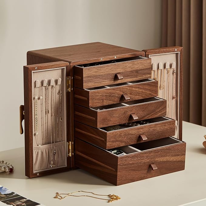 CHOSIN Black Walnut Wooden Jewelry Box 5 Layer Large Wood Jewelry Organizer - Image 2