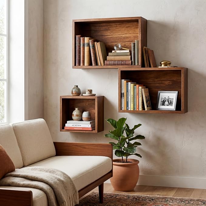 Novabright 3 Set Floating Cube Shelves Wall Mounted Wood Decor, Retro Color | - Image 3