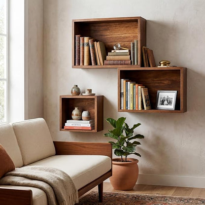 Novabright 3 Set Floating Cube Shelves Wall Mounted Wood Decor, Retro Color | - Image 3