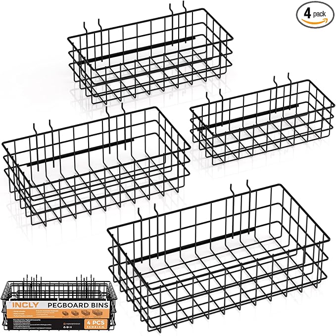 INCLY 4 Pack Pegboard Baskets Bins Set, 4 Size Square Style Black Metal Wire by INCLY