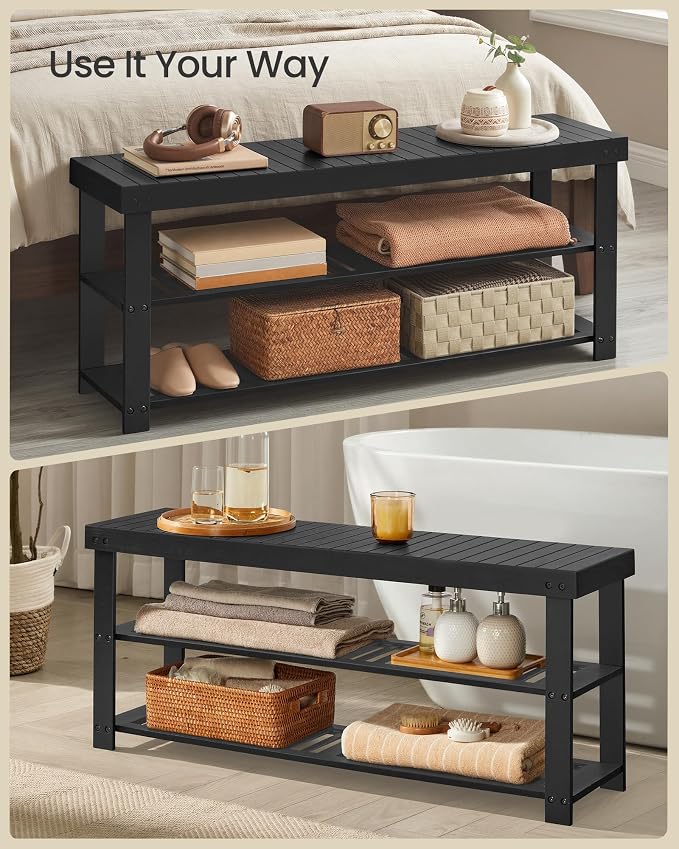 SONGMICS Shoe Rack Bench, 3-Tier Bamboo Shoe Storage Organizer, Entryway Bench - Image 4