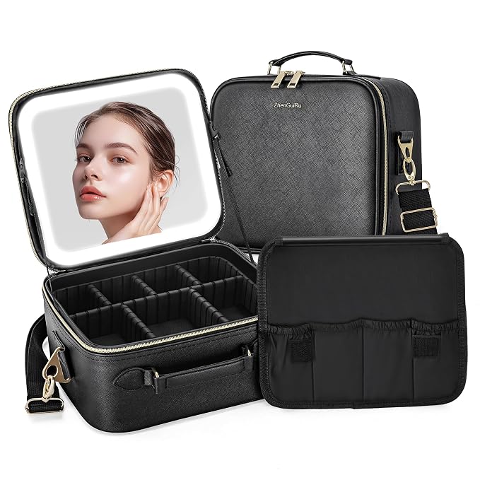 Travel Makeup Bag with LED Mirror, Portable Cosmetic Case Organizer with by ZhenGuiRu
