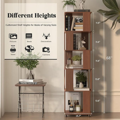 68-Inch 5 Tier Solid Wood Rotating Bookshelf Tower on Wheels, 360° Upgrade - Image 2