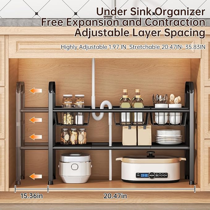 2 Tier Under Sink Organizer Expandable Length/Height Adjustable, Heavy Duty - Image 2