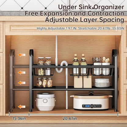 2 Tier Under Sink Organizer Expandable Length/Height Adjustable, Heavy Duty - Image 2