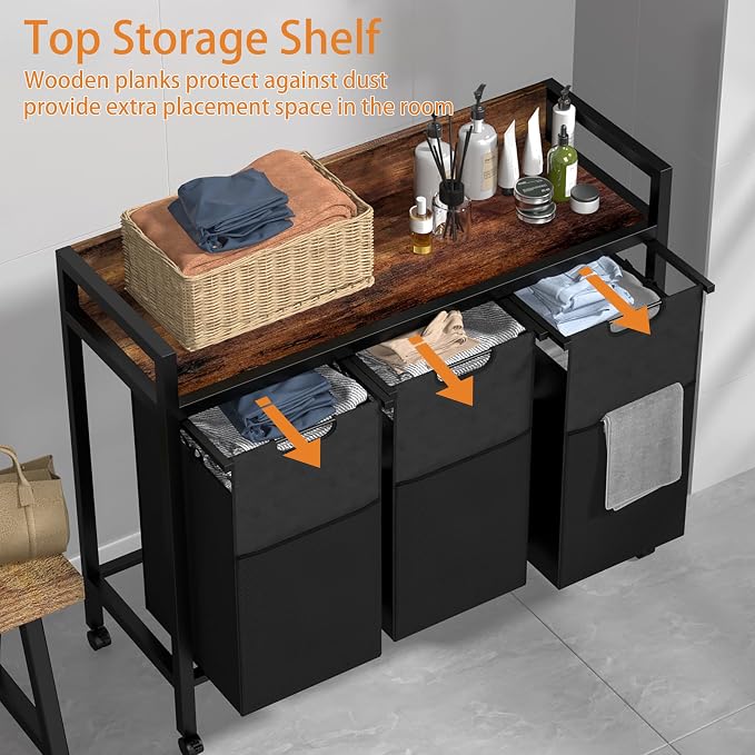 Laundry Sorter 3 Section, 360°Rolling Laundry Basket, 3 Pull-Out and Removable - Image 4