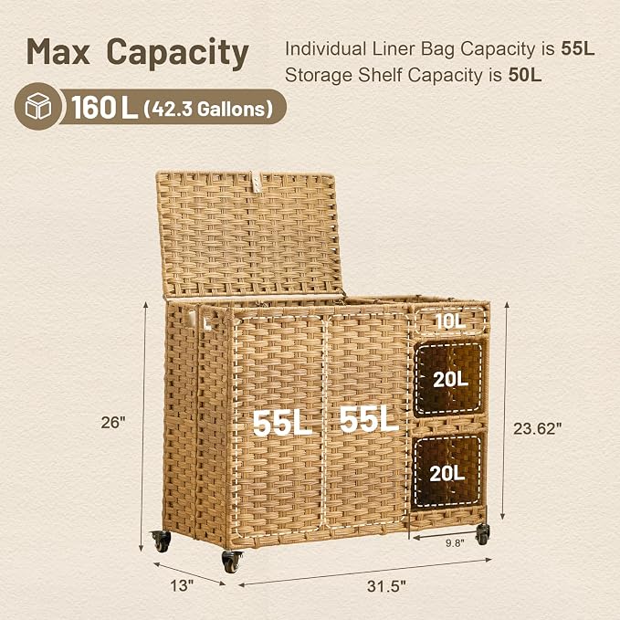 Laundry Hamper with Wheels, 42.3 Gal. Laundry Sorter with Shelves, Rattan - Image 3