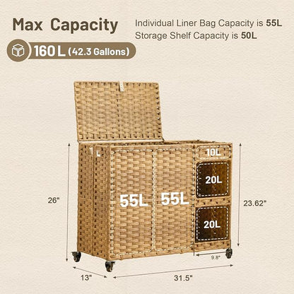 Laundry Hamper with Wheels, 42.3 Gal. Laundry Sorter with Shelves, Rattan - Image 3