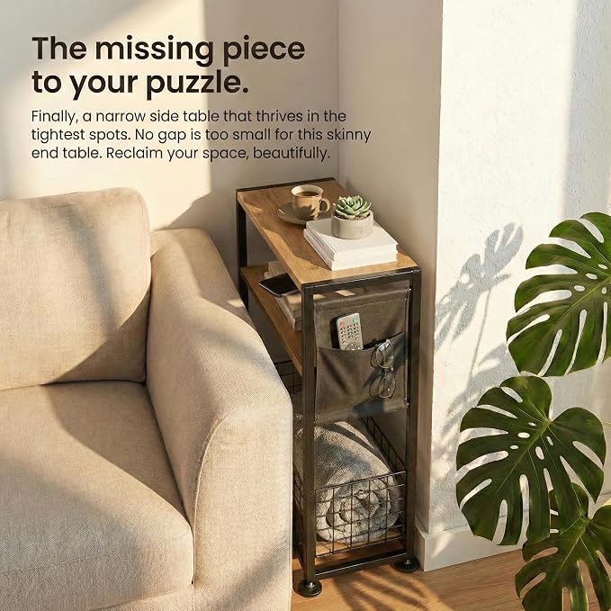 Skinny Side Table with Storage, 3 Tier Slim Side Tables - Image 3