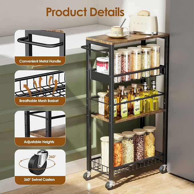 Slim Rolling Storage Cart, 4 Tier Narrow Storage Cart, 9.1in | Metal Kitchen - Image 6