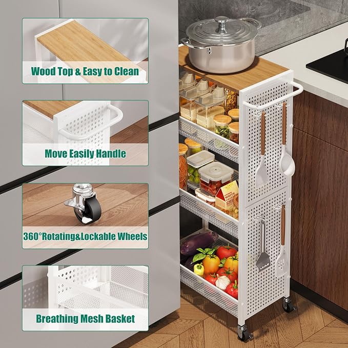 4-Tier Slim Storage Cart with Wheels, Small Mobile Organizer Shelf with Wooden - Image 3