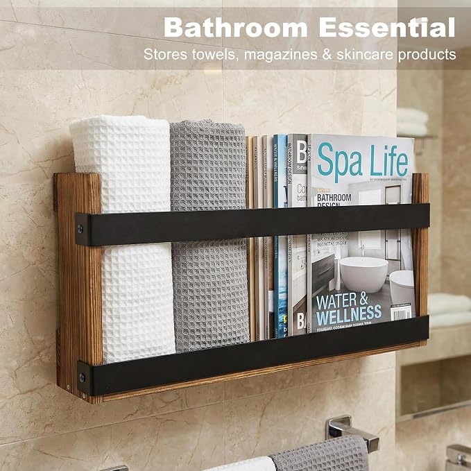Wood Magazine Holders Wall & Bathroom Magazine Rack, Pine Wood + Black Metal - Image 6