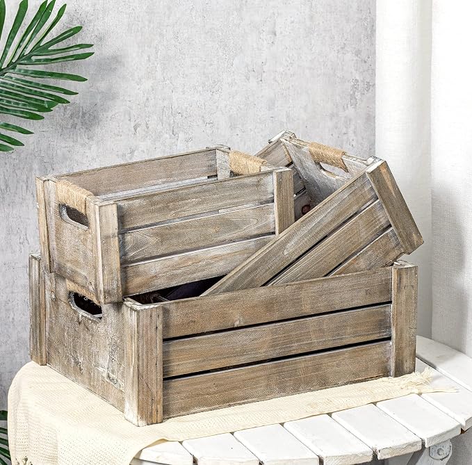 TIMRIS Set of 3 Rustic Wood Nesting Crates, Farmhouse Wooden Storage Container - Image 2