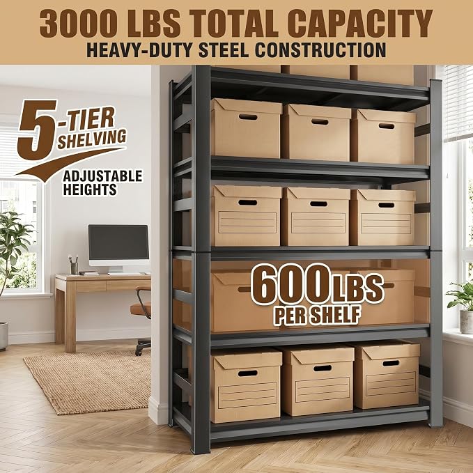 5 Tier Metal Bookshelf with Anti-Drop Fence, Heavy Duty 3000 LBS Modern Deep - Image 5