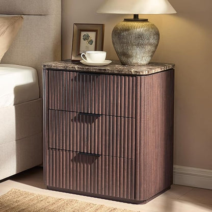 Fluted Nightstand with 3 Drawers, Engineered Wood Bedside Table with Faux by DelArk