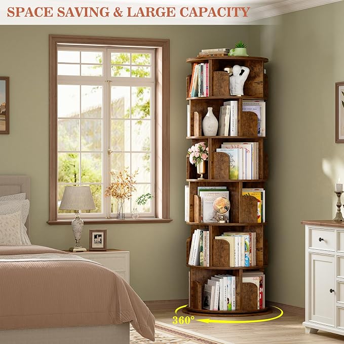 Aheaplus 6 Tier Rotating Bookshelf, Wood Spinning Bookshelf Tower, Round - Image 5