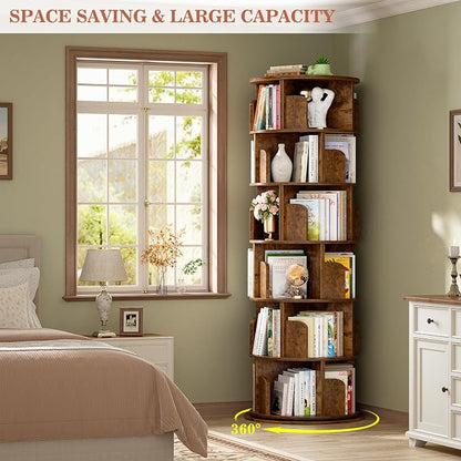 Aheaplus 6 Tier Rotating Bookshelf, Wood Spinning Bookshelf Tower, Round - Image 5