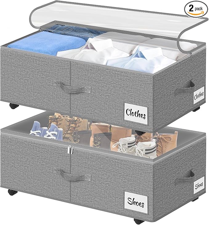 Under Bed Storage with Wheels, Quick Assembly Underbed Shoe Storage Containers by KUKIKAN