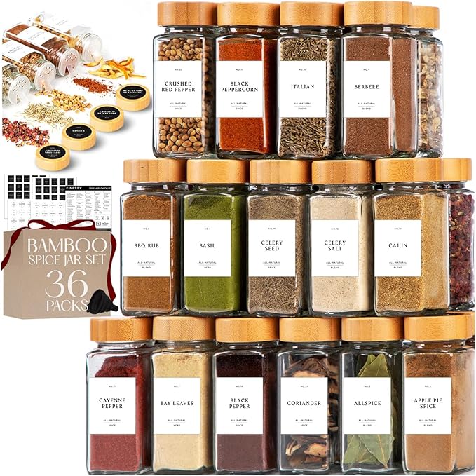 FINESSY Glass Spice Jars with Label with Bamboo Lids 36 Pack Set, 4oz Empty by Finessy