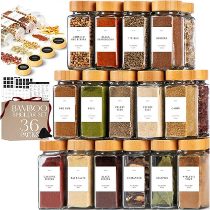 FINESSY Glass Spice Jars with Label with Bamboo Lids 36 Pack Set, 4oz Empty by Finessy
