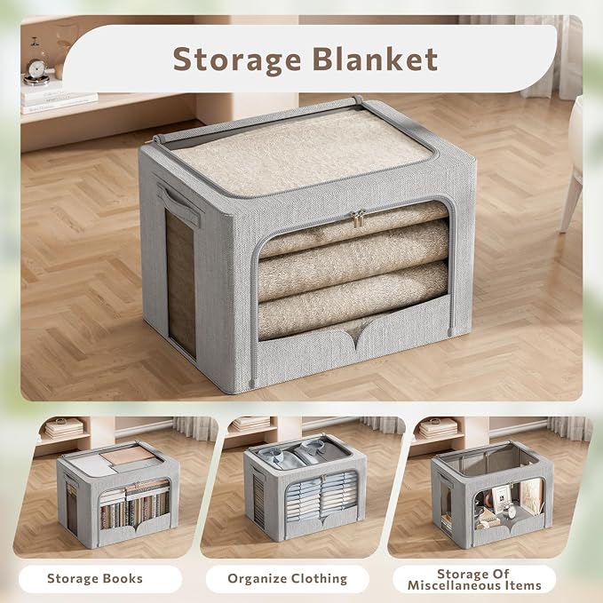 FHSQX 3 Pack Clothes Storage Bins Foldable Metal Frame Storage Box Stackable - Image 2